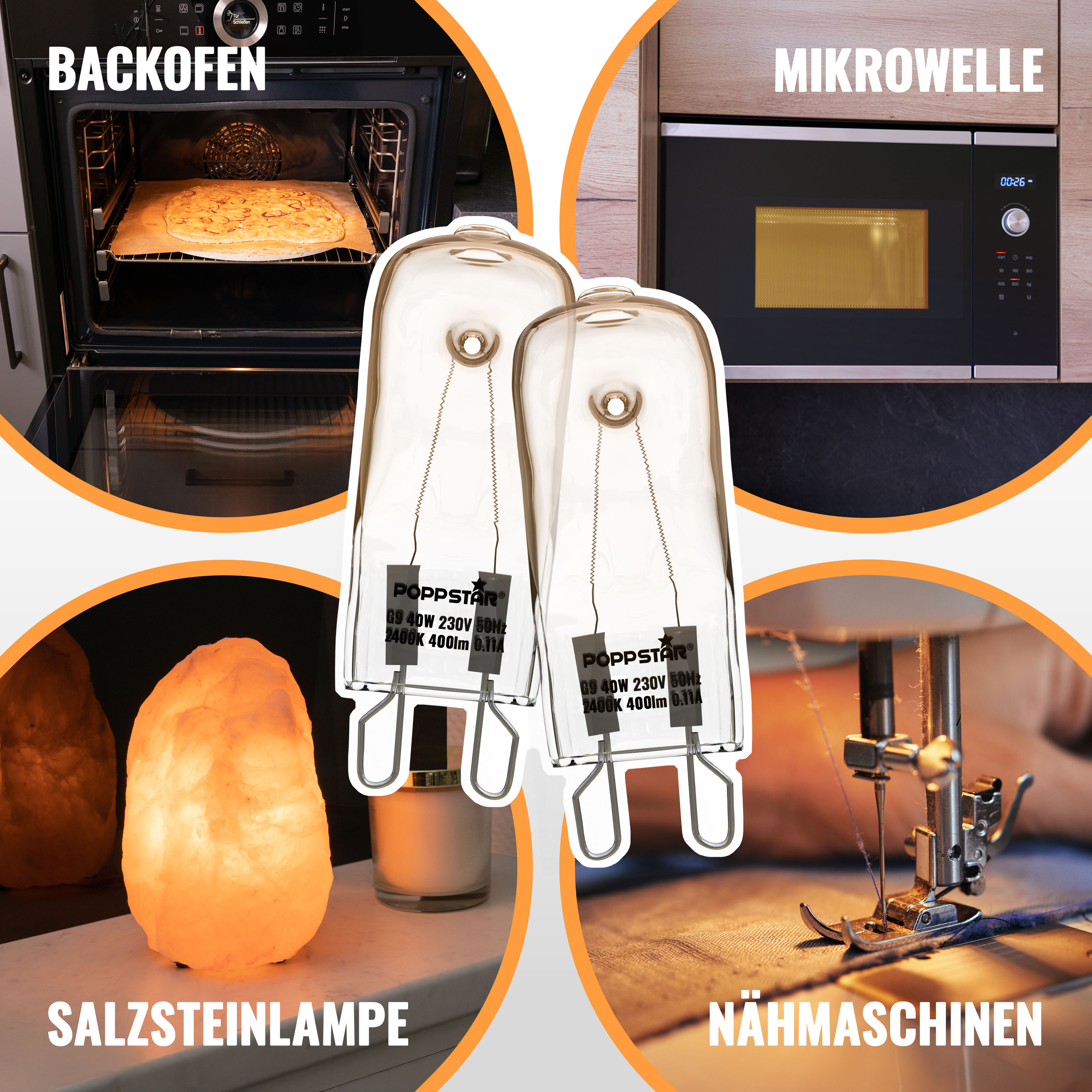 4x Backofenlampe G9 40 Watt bis 300 °C (2400K warmweiß)