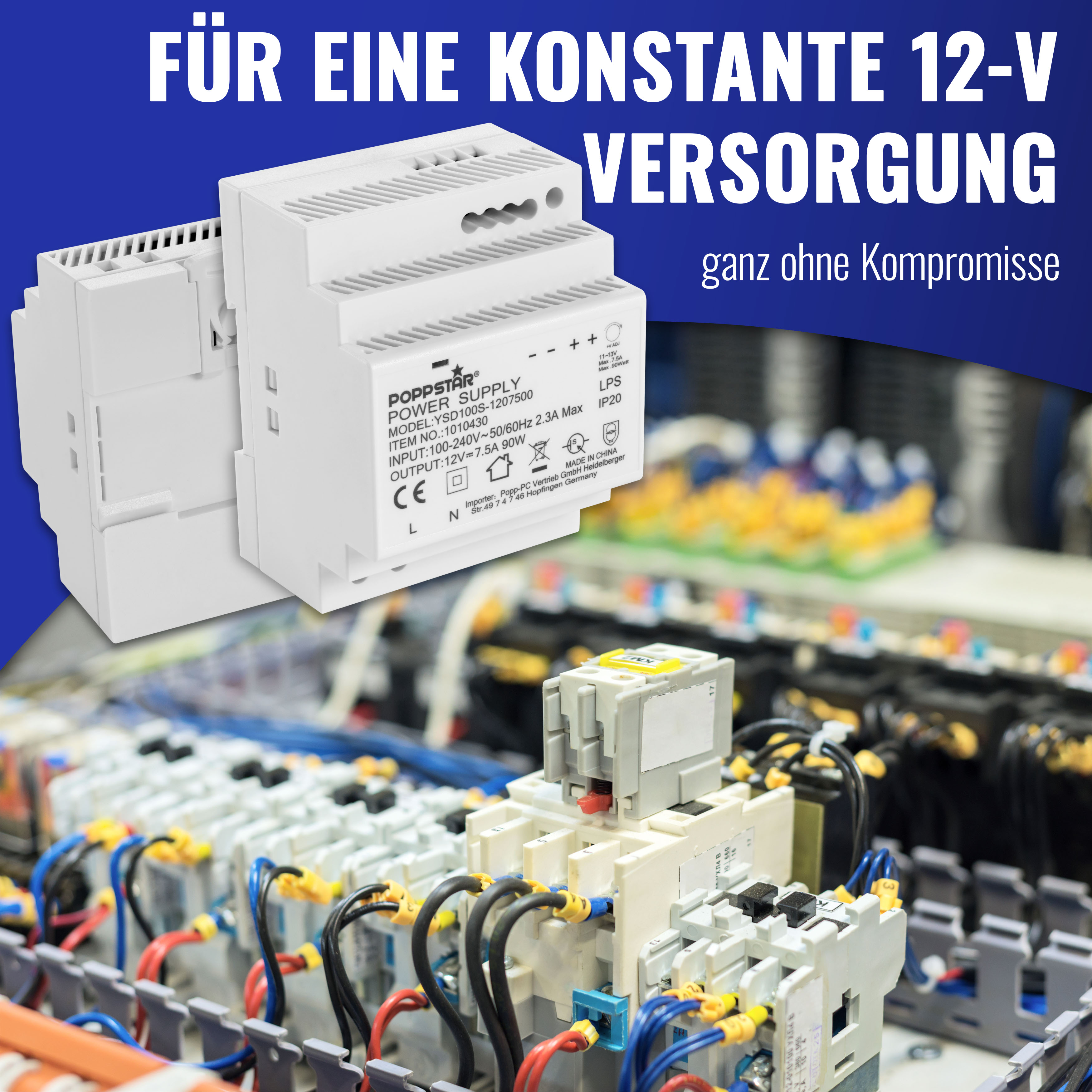 Netzteil für Hutschiene 12V DC 7,5A 90W (Input 100-240V AC)