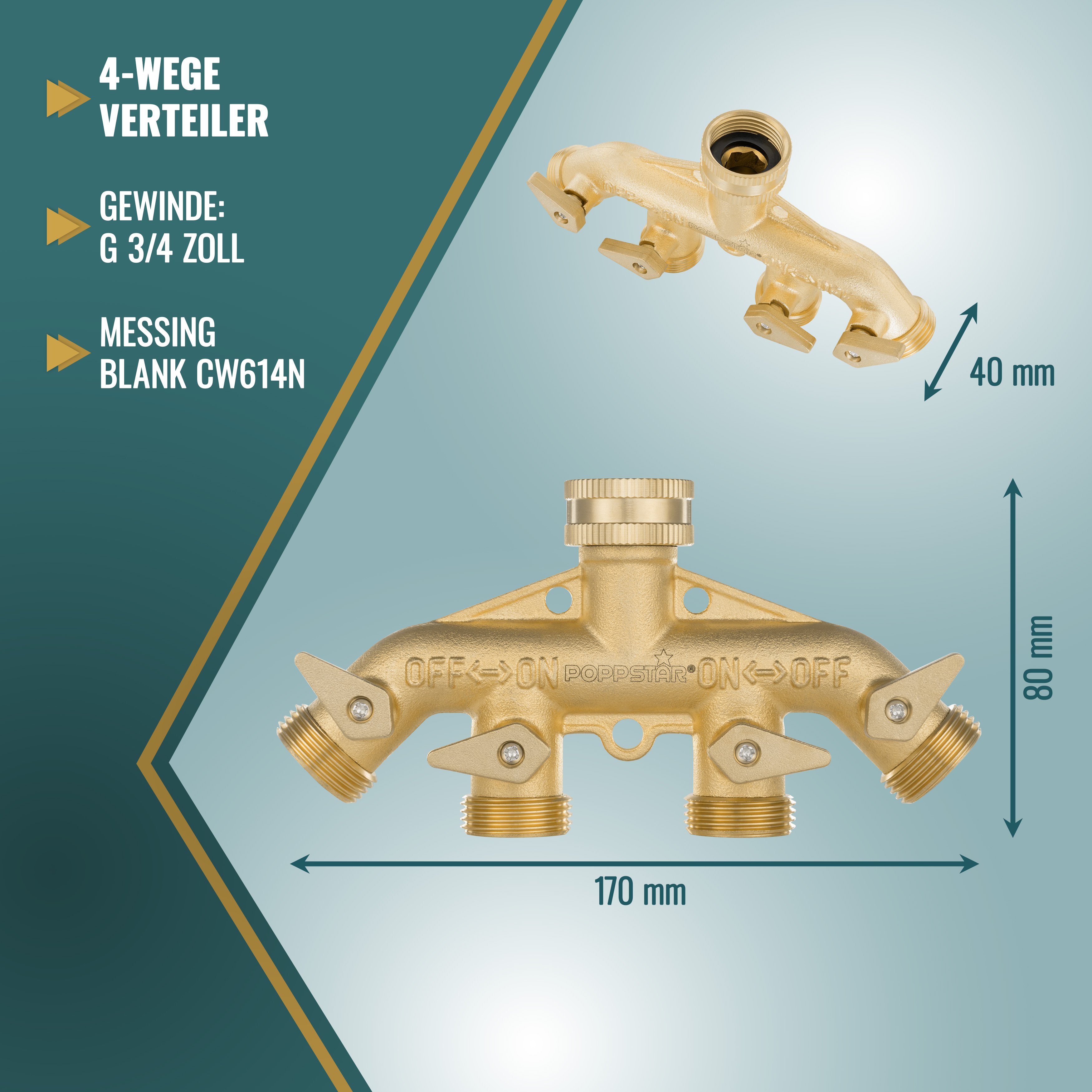 Wasserhahn 4-Wege-Verteiler mit Absperrventilen