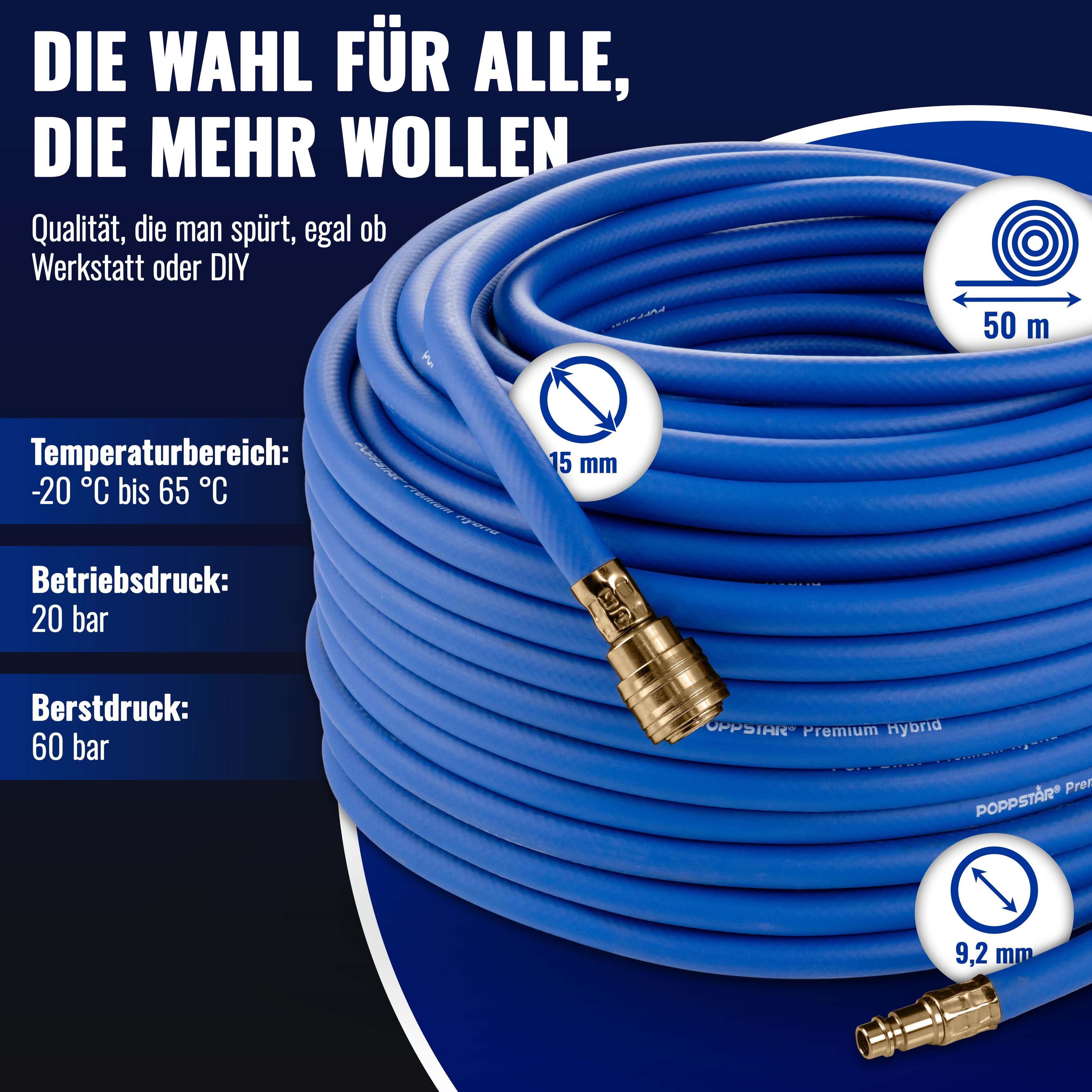 Druckluftschlauch 50m (Messing, NW 7,2, ID 9,2mm, 20 bar)
