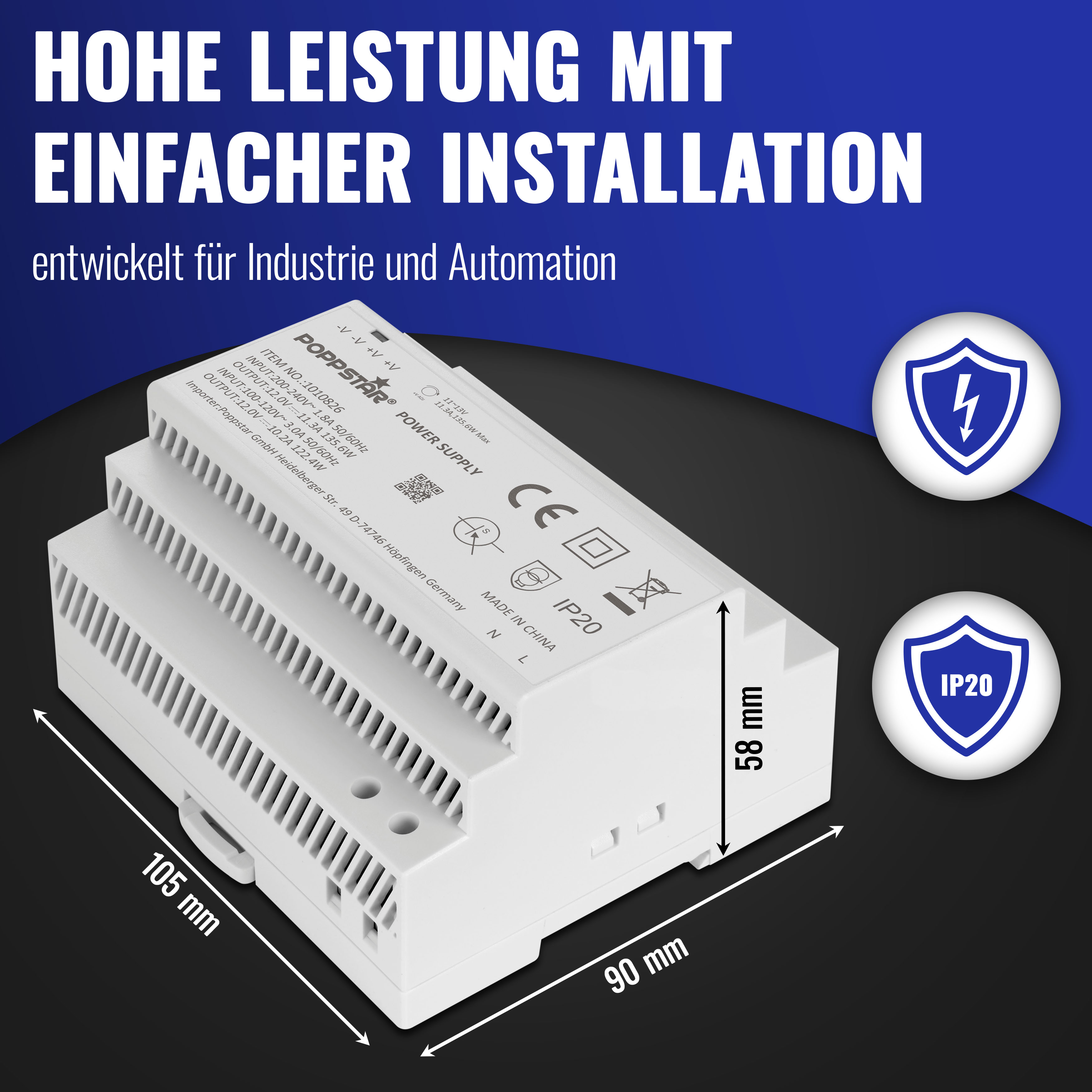 Netzteil für Hutschiene 12V DC 11,3A 135W (Input 100-240V AC)