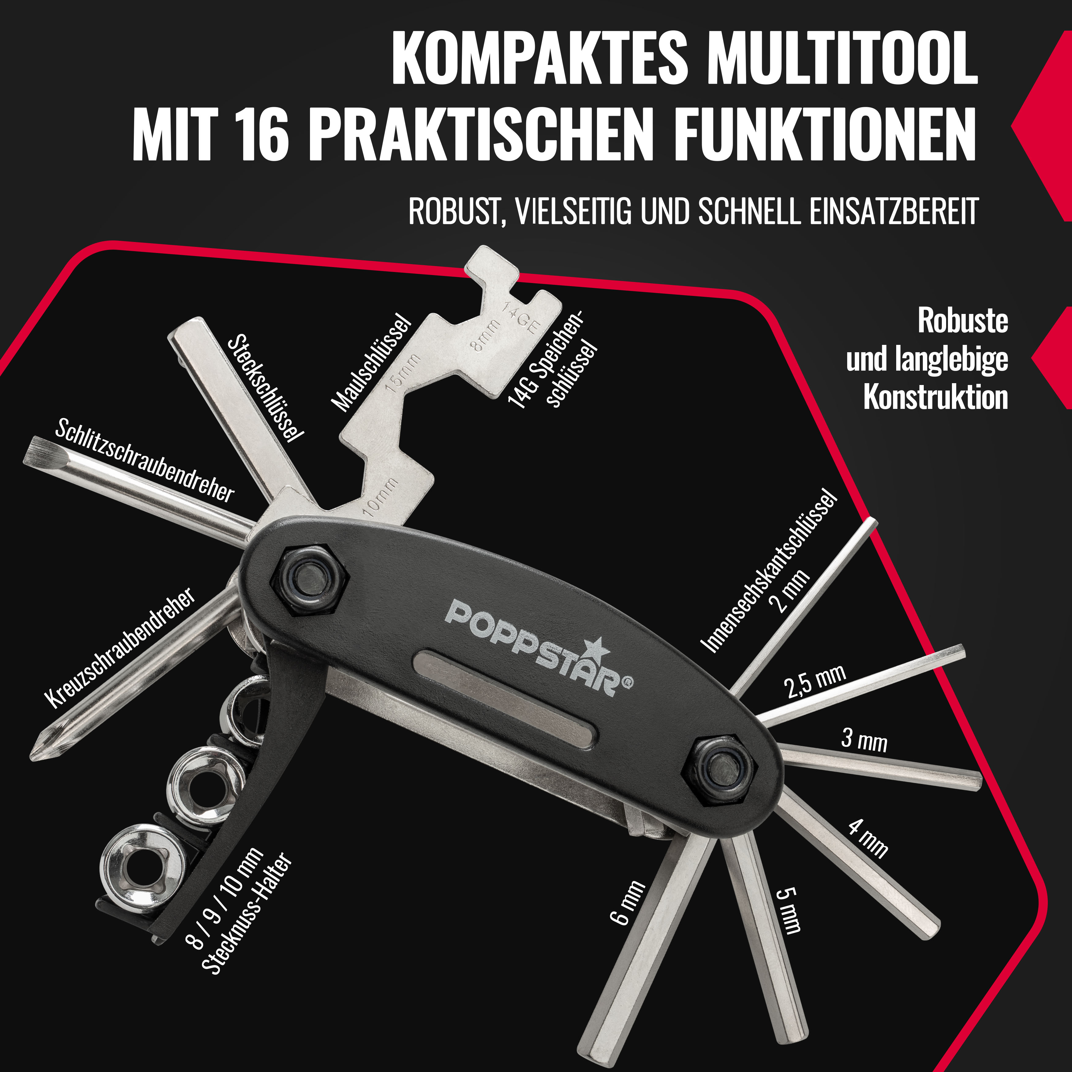 Fahrrad Multitool faltbar 16-in-1 Cr-V-Stahl