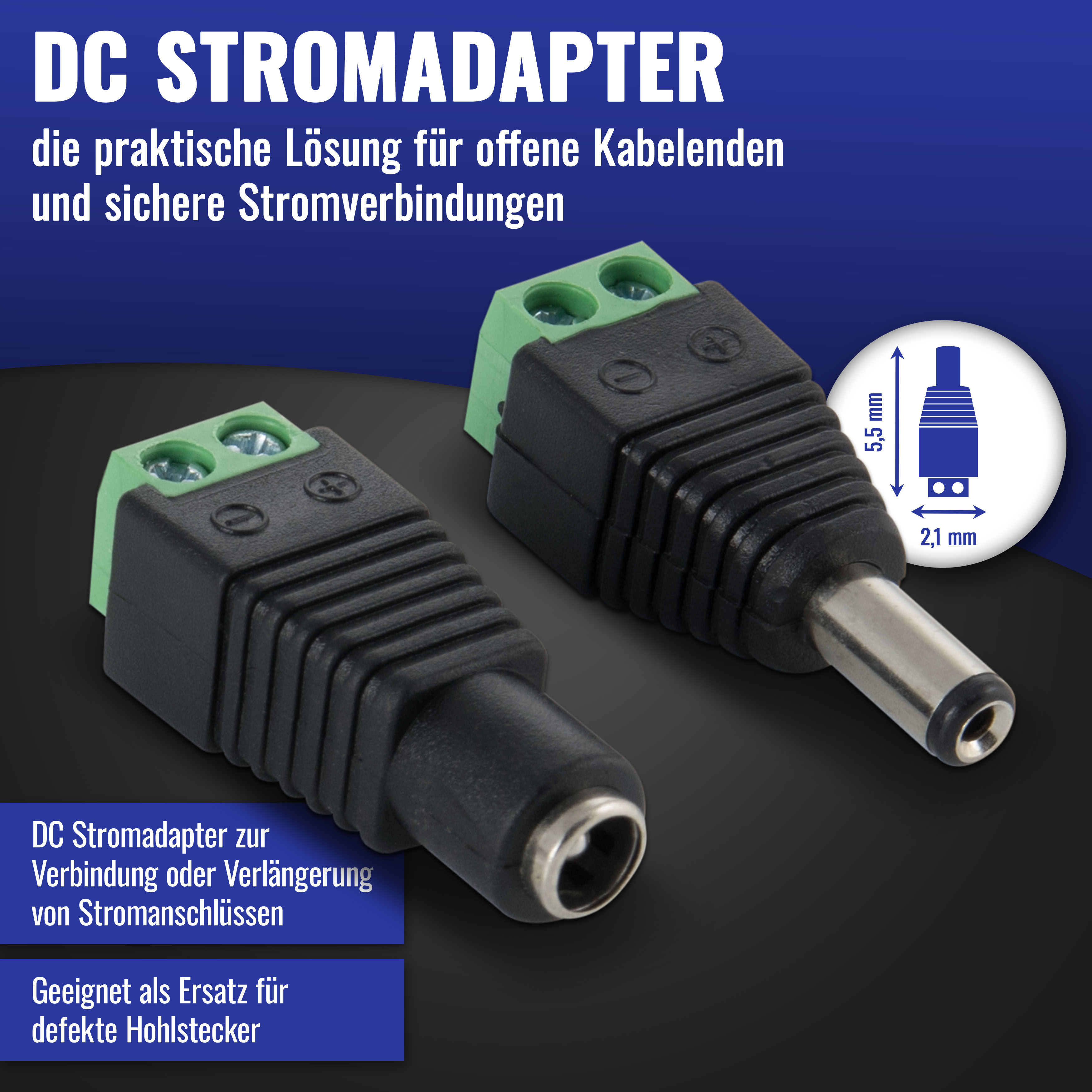 DC Stromadapter je 5x Stecker / Buchse auf 2-Pol Terminal block