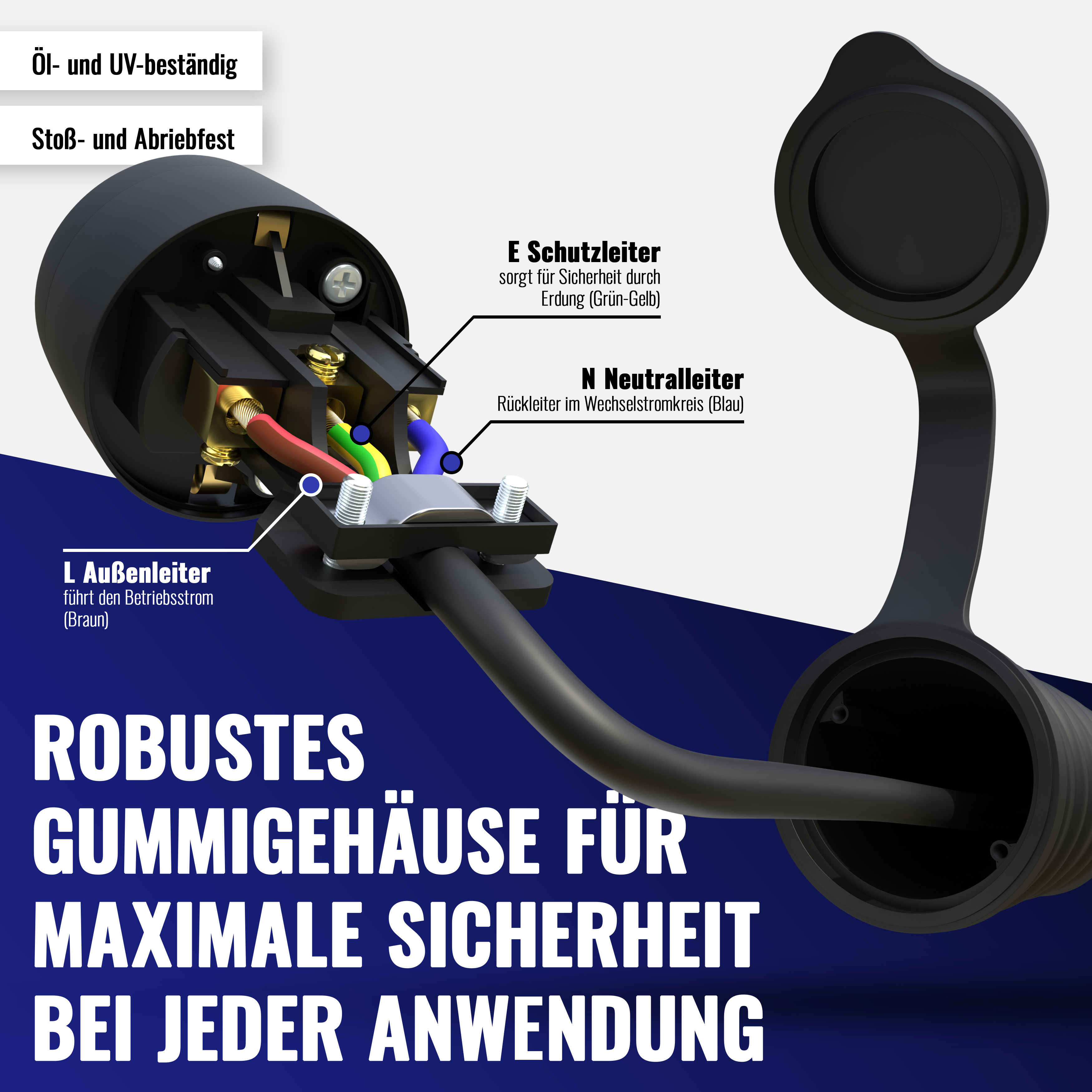 1x Gummi Kupplung mit Schutzkappe, (2-polig,230V,16A,IP44)