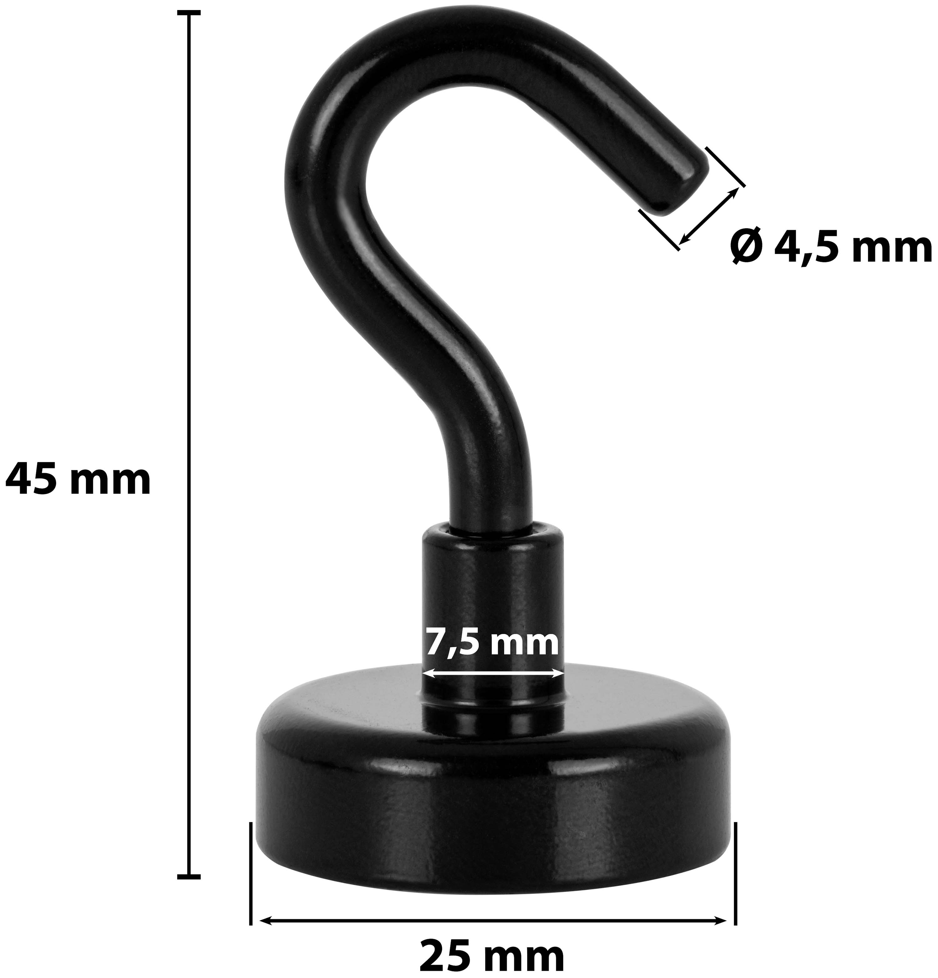5 Stück Neodym Magnet-Haken schwarz Ø 25 mm, Haftkraft 23 kg